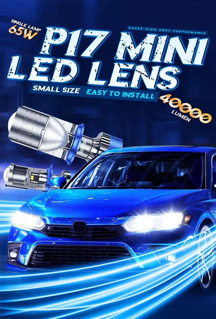 XENPLUS Super Bright P17 H4 130W LED Headlights 40000LM 6500K White IP68 Waterproof Car Projector Kit with Mini Lens