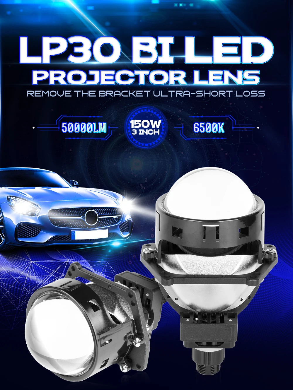 XENPLUS LP30 3-Inch 150W 50000LM Bi LED Projector Lens Non-Destructive for RHD/LHD Hot Sale 12V Car Accessory for All Cars