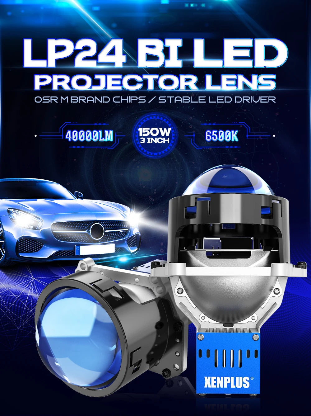 RHD/LHD Projector Lens Xenplus Lp24 3.0 Inch 12V 150W 40000Lm Bi Led Projector Lens 6000K Ip68 Led Projector Lens