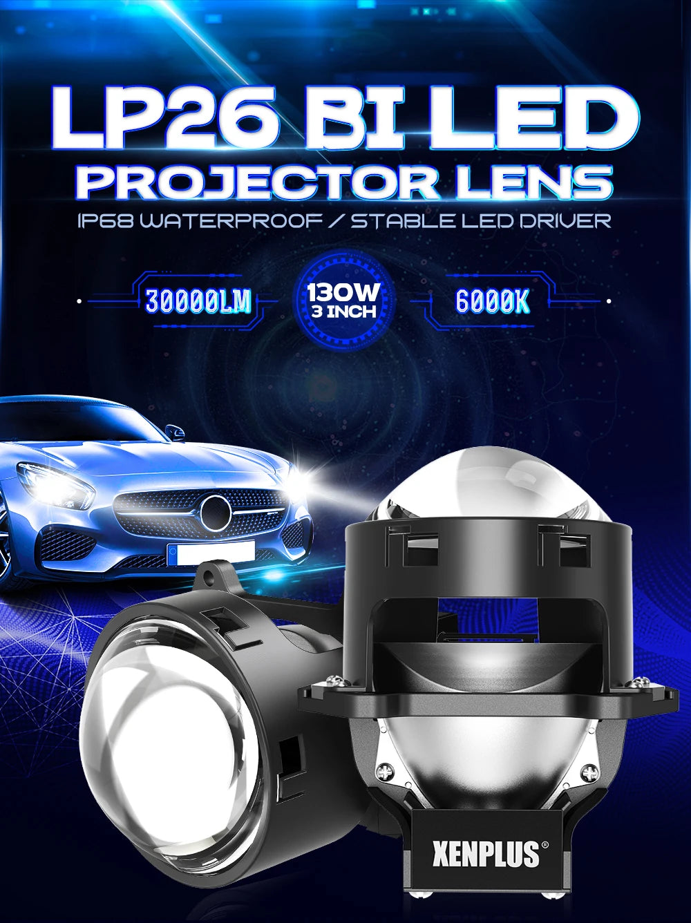 Manufacturer Xenplus LP26 130W 3 INCH 30000LM IP68 RHD/LHD 12V 6000K Car Fog Light H4 Mini LED Projector Lens