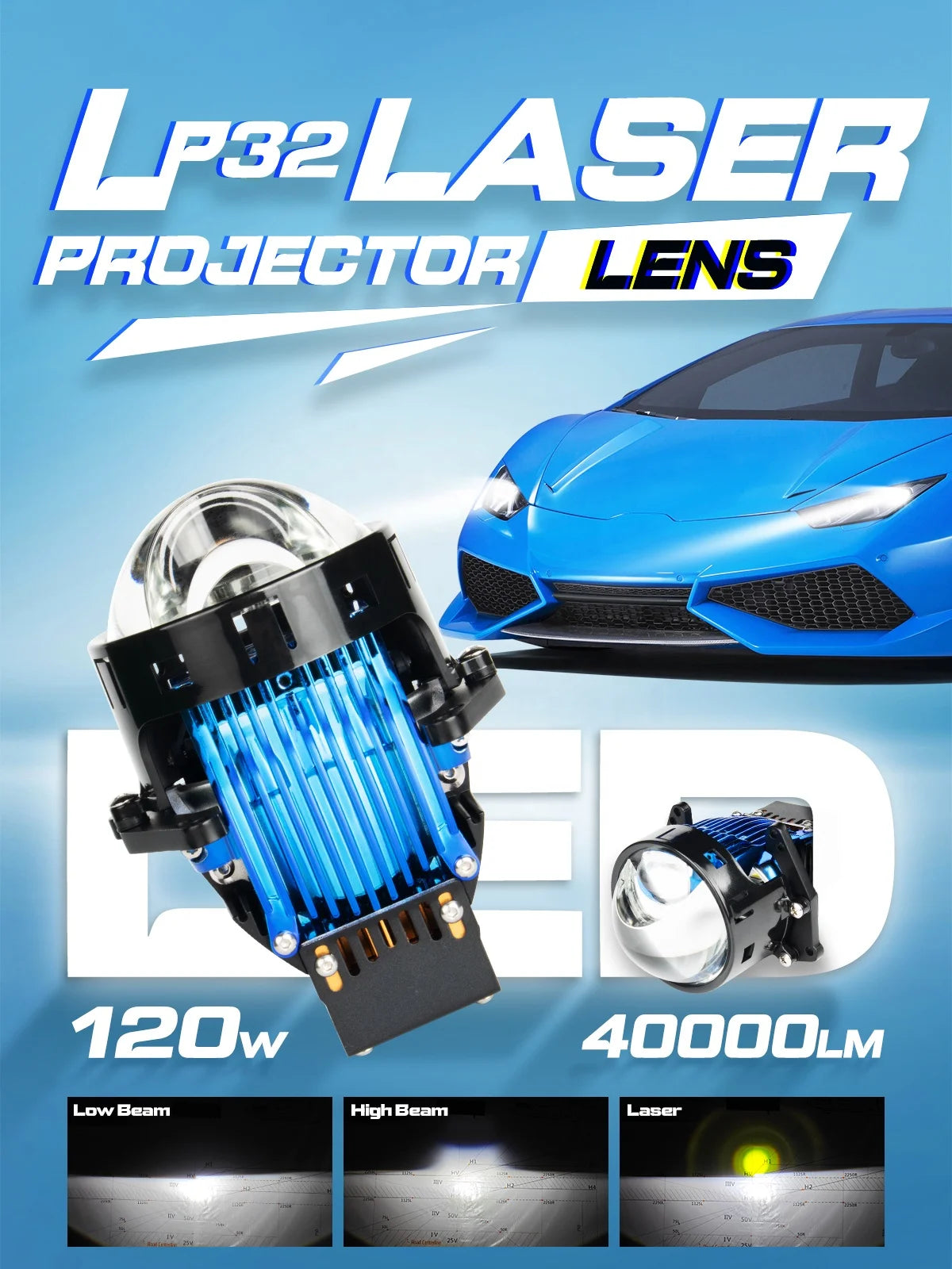 Xenplus LP32 RHD/LHD Bi LED Projector Lens 120W 40000LM White Fog Light 90W Laser Logo 6500K 12V Headlamp with Aluminum Material
