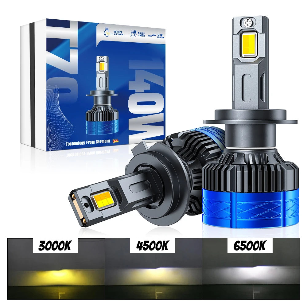 Xenplus T70 140W 30000LM 3 Colors 6500K 4500K 3000K 4575 Chips H1 H3 H4 H7 H11 9005 9006 9012 LED Headlight Bulb
