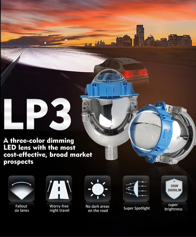 Xenplus Lp3 3Inch 90W 8000Lm 3000K 5000K 6500K 3 Color Headlight High Low Beam Bi Led Lens Projector