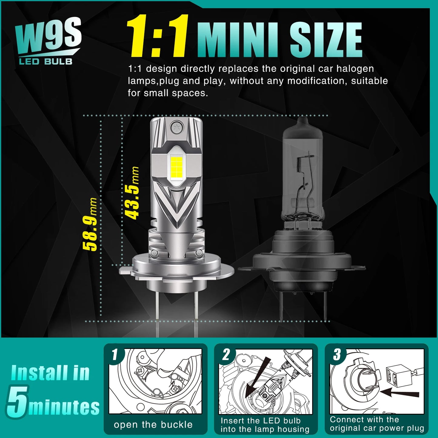 Super Bright W9S H7 7535 CSP Chip 12V 30W 5400LM 6500k Car Led H7 Headlight Bulbs