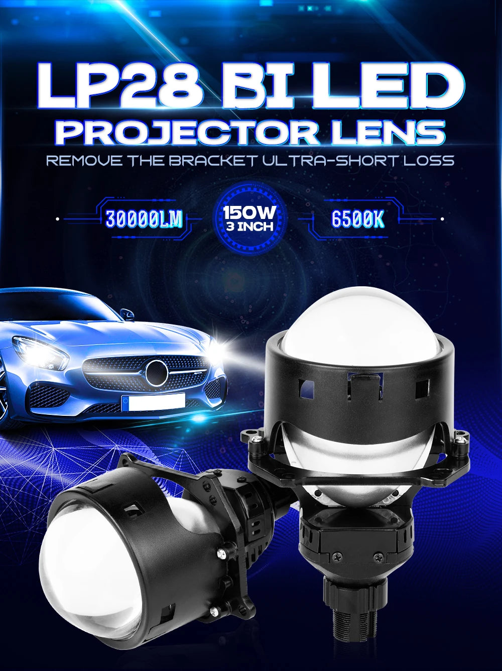 Xenplus LP28 12V 130W 50000Lm 6500K Bulbs High Power 150W Lens 3 Inch LED Car Headlight Kit with Projector Lens