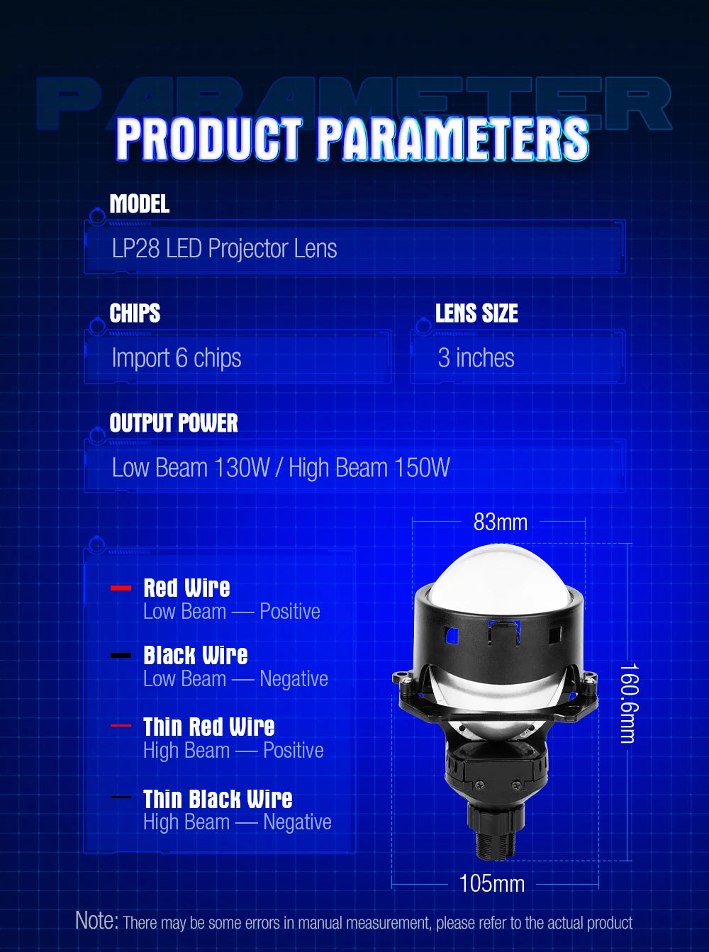 Xenplus LP28 12V 130W 50000Lm 6500K Bulbs High Power 150W Lens 3 Inch LED Car Headlight Kit with Projector Lens