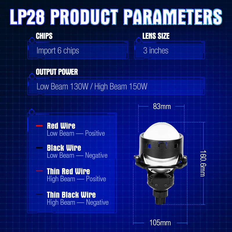 Xenplus LP28 12V 130W 50000Lm 6500K Bulbs High Power 150W Lens 3 Inch LED Car Headlight Kit with Projector Lens