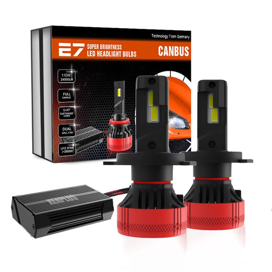 New Arrival High Power E7 H4 Dual G-XP Customized Chip Full Canbus DC9V-36V 110W 24000LM 6500K Car Led Headlight Bulbs AUXITO 9005/HB3 H11/H8/H9 LED Bulbs Combo, 50000LM Bright 6500K Cool White, 120W Fanless Light Bulbs, Pack of 4