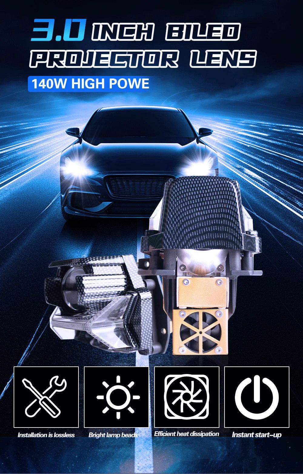 140W 6000K 3 Inch Lens Easy Install Strong Stability Increases Original Car Lighting Brightness 3 Times 4-5 Lanes Light Width