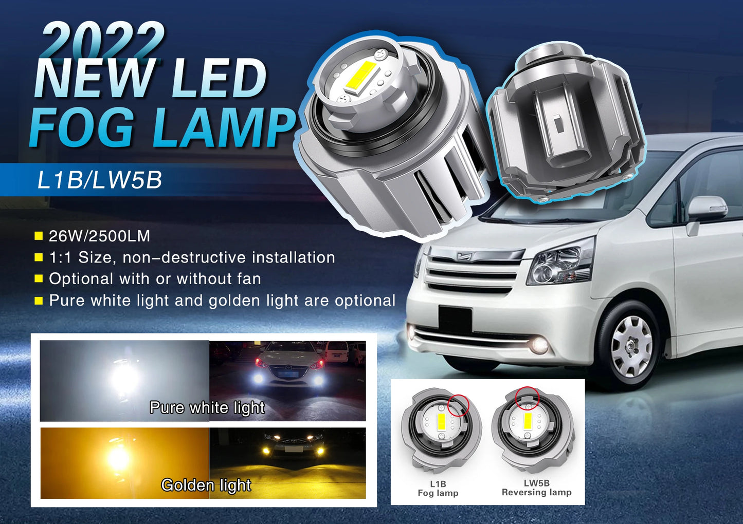 FG1 9-18V 52W 9600lm GC7535 Chip White and Yellow Color Car 9006 H11 Led Fog Light With Fan Reversing Lamp