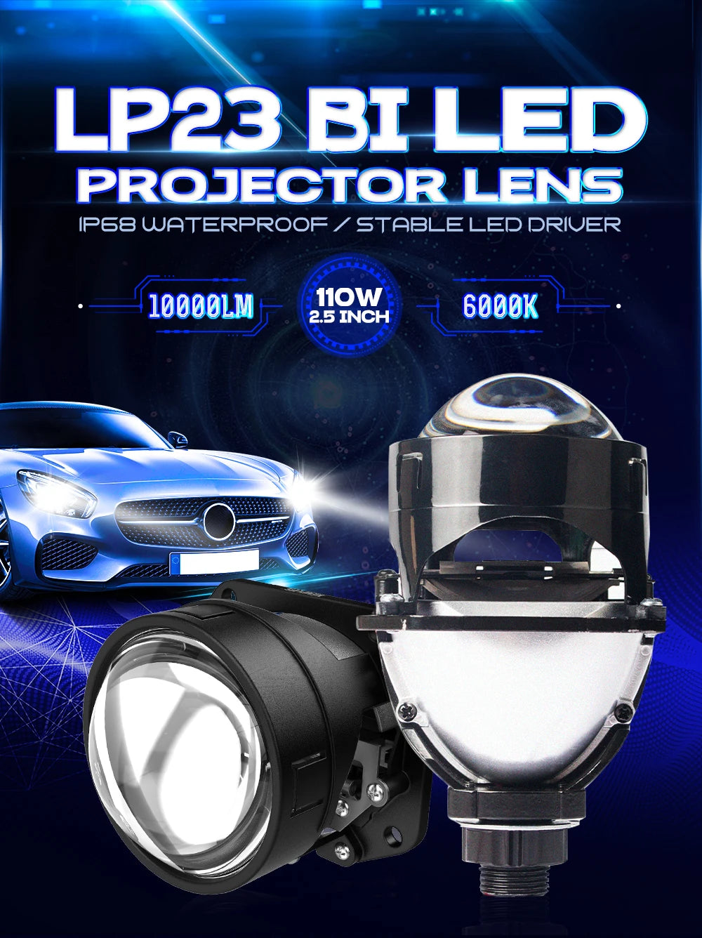 XENPLUS LP23 2.5 INCH 110W RHD/LHD 12V 10000LM 6000K IP68 H4 Led Light Car Led Headlight Bulb Led Projector Lens