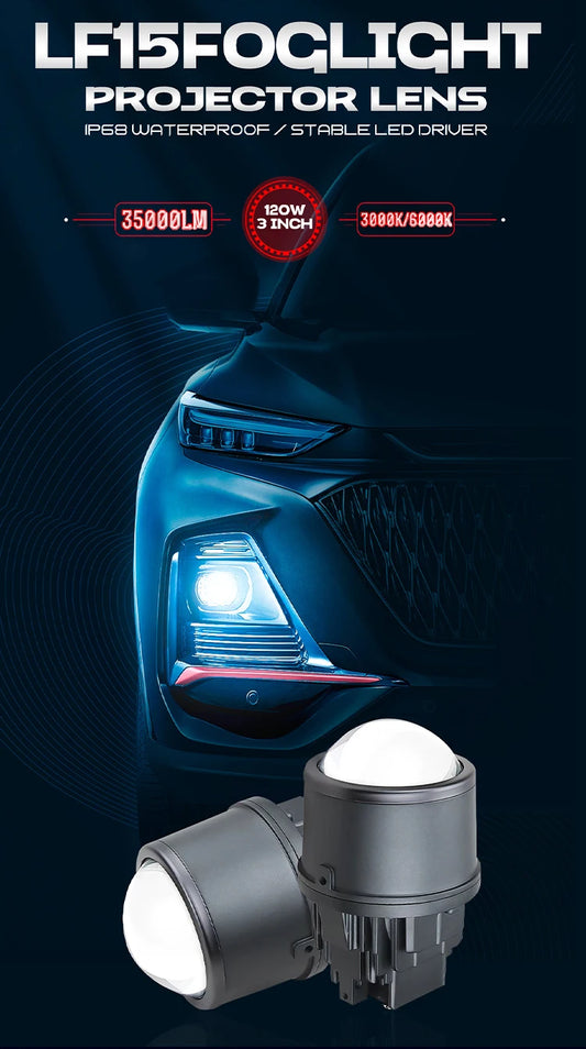 2025 New LF15 Fog Lamp Lens 120W 3 Inch Bi Led Projector Lens for Auto Light Bulb Led Fog Lights for Car Universal Super Bright
