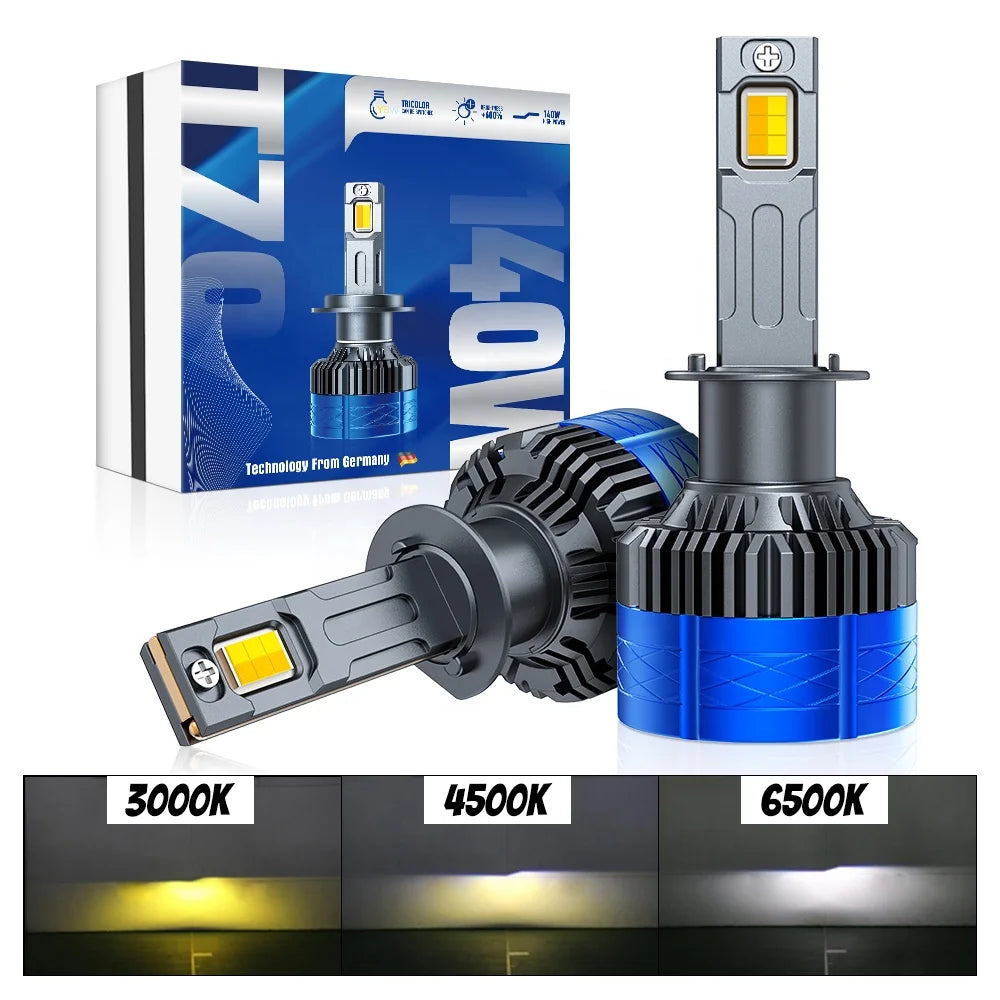 Xenplus T70 140W 30000LM 3 Colors 6500K 4500K 3000K 4575 Chips H1 H3 H4 H7 H11 9005 9006 9012 LED Headlight Bulb