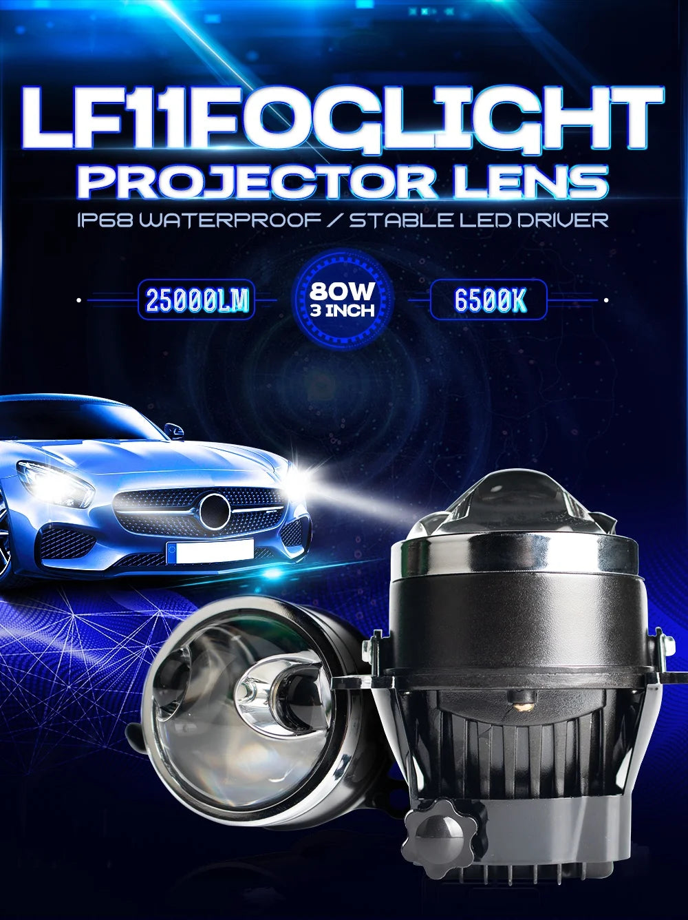 Xenplus Super Bright Car Led 80W 3 Inch Fog Light for Toyota Ford Honda Dual Laser Bi Lens Car Spotlights Led Driving Lamp