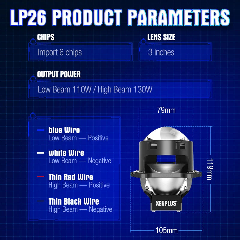 Manufacturer Xenplus LP26 130W 3 INCH 30000LM IP68 RHD/LHD 12V 6000K Car Fog Light H4 Mini LED Projector Lens