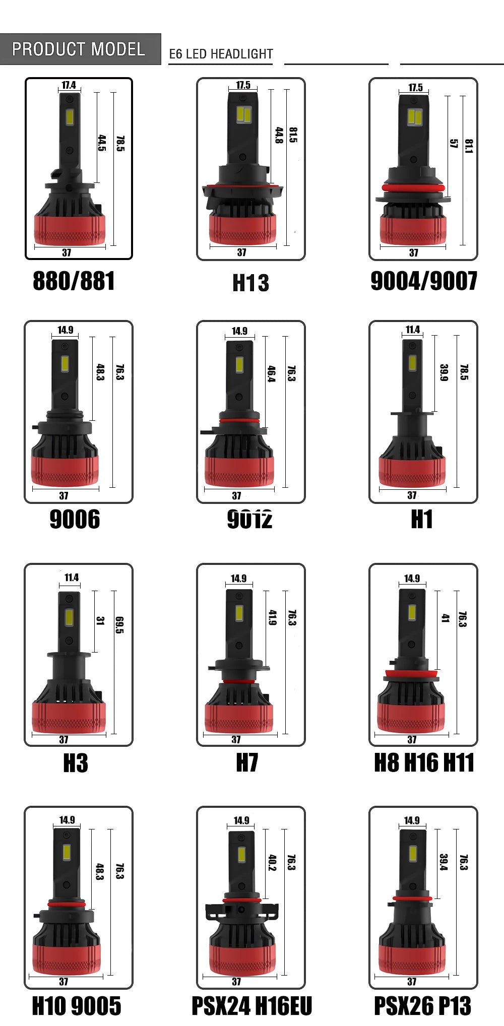 Xenplus High Power 12V 110W 24000LM 6500K G-XP Chip Dual Beam E6 H4 H7 H11 Car Led Headlight Bulbs