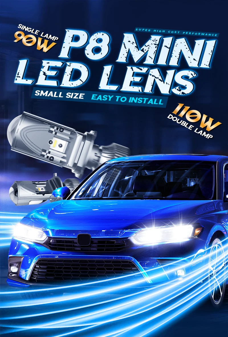 P8 110W 8-32V 10000LM 6000K Customized Chip Mini Small Size Easy To Install H4 Car Headlight Bi Led Projector Lens