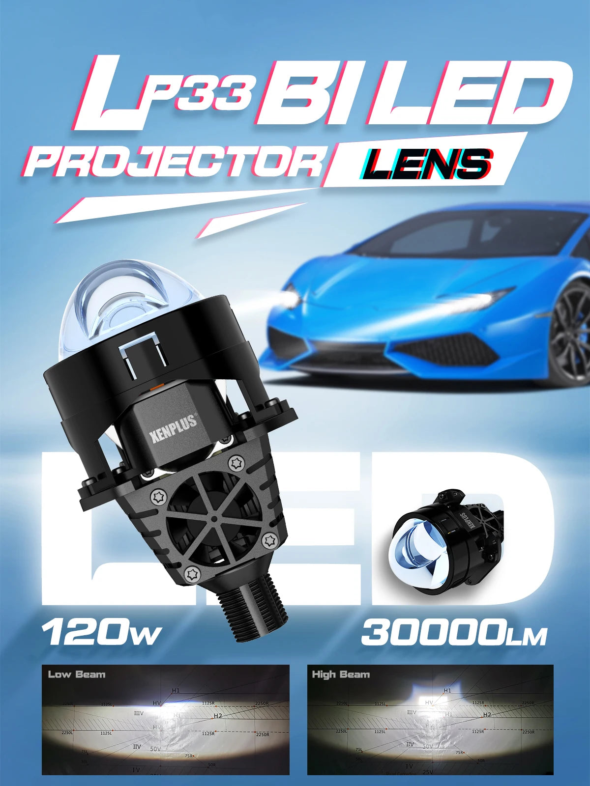 XENPLUS Custom Logo Bi Projector LP33 2.5 Inch 120W 30000LM Super Bright Bi LED Laser Projector Lens