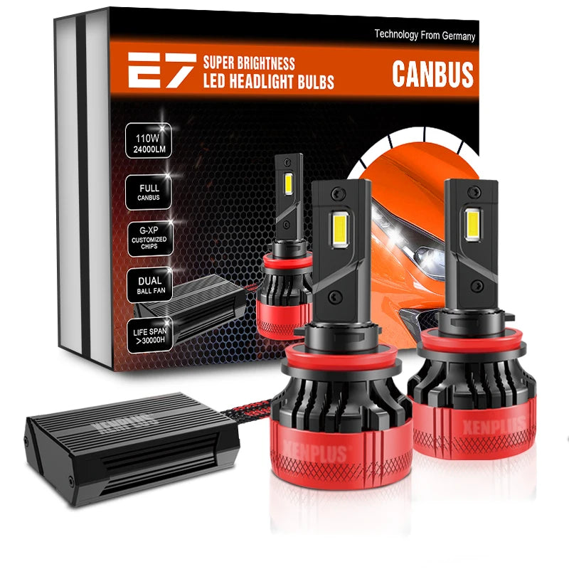 New Arrival High Power E7 H4 Dual G-XP Customized Chip Full Canbus DC9V-36V 110W 24000LM 6500K Car Led Headlight Bulbs AUXITO 9005/HB3 H11/H8/H9 LED Bulbs Combo, 50000LM Bright 6500K Cool White, 120W Fanless Light Bulbs, Pack of 4