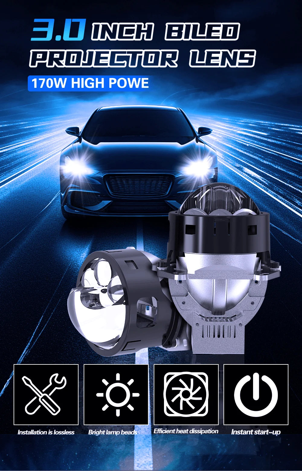 Xenplus Auto Lighting System High Low Beam 3 Inch Led Laser Projector Lens LP43 170w 6000k Three Direct Sunlight Led Lens