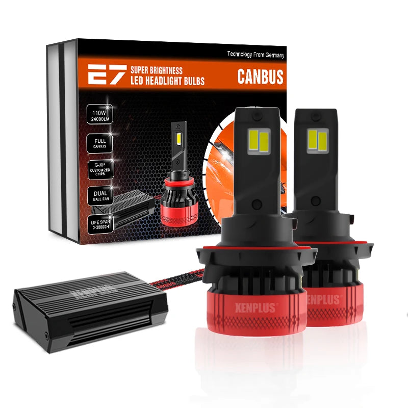New Arrival High Power E7 H4 Dual G-XP Customized Chip Full Canbus DC9V-36V 110W 24000LM 6500K Car Led Headlight Bulbs AUXITO 9005/HB3 H11/H8/H9 LED Bulbs Combo, 50000LM Bright 6500K Cool White, 120W Fanless Light Bulbs, Pack of 4