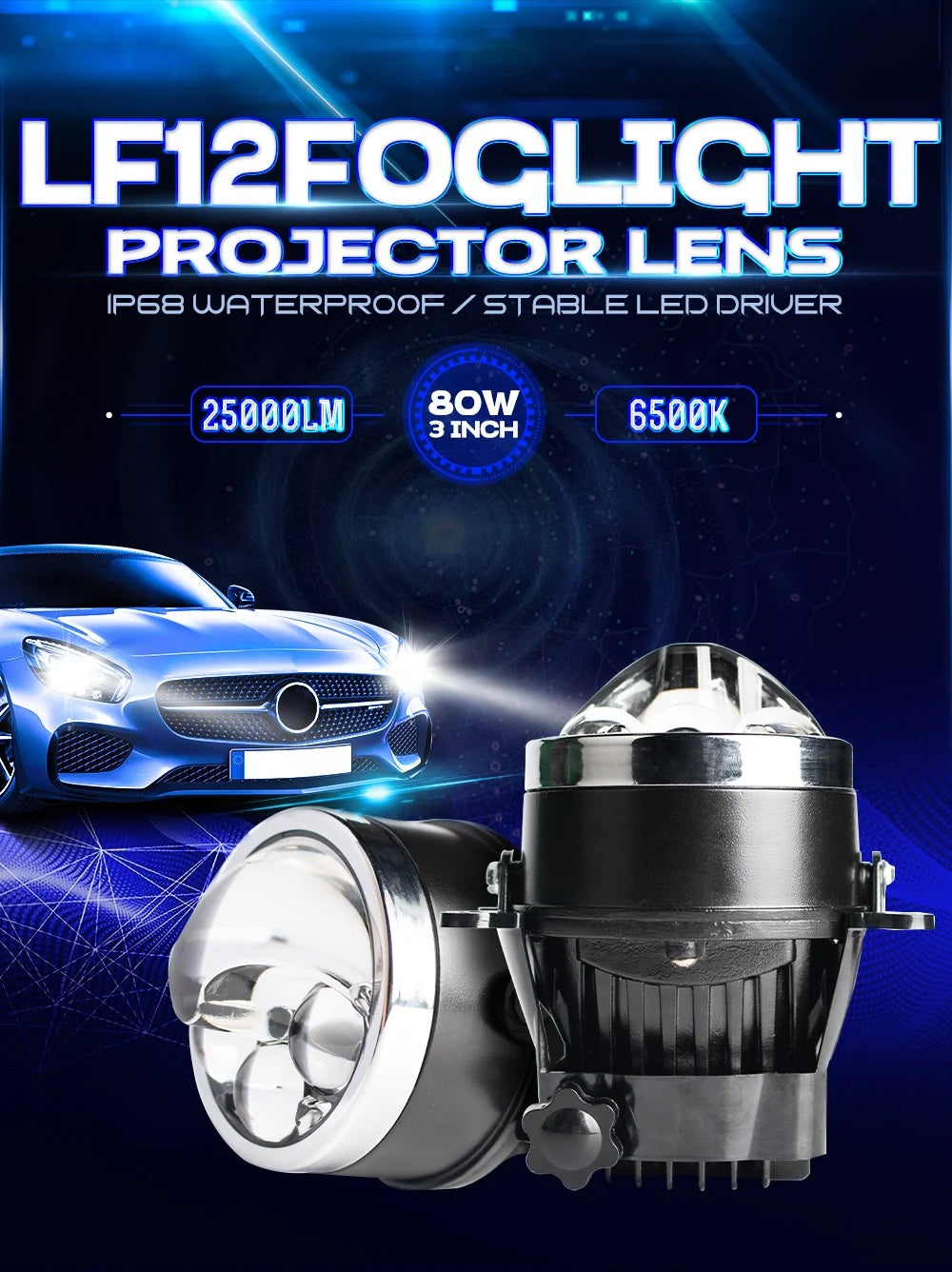 Xenplus Super Bright Lf12 Len Bi Led Projector 3 Inch High Low Beam 80W 6500K 25000LM Projector Fog Lamp for Universal Car