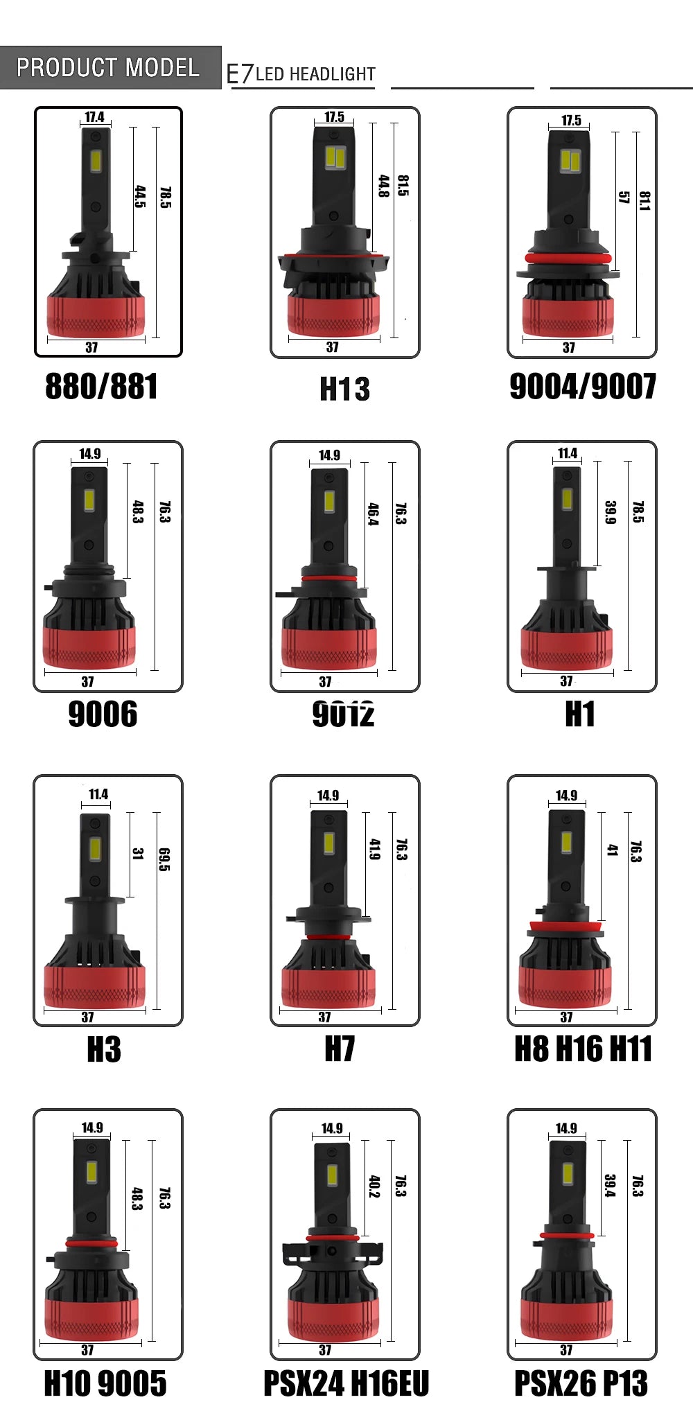 New Arrival High Power E7 H4 Dual G-XP Customized Chip Full Canbus DC9V-36V 110W 24000LM 6500K Car Led Headlight Bulbs AUXITO 9005/HB3 H11/H8/H9 LED Bulbs Combo, 50000LM Bright 6500K Cool White, 120W Fanless Light Bulbs, Pack of 4