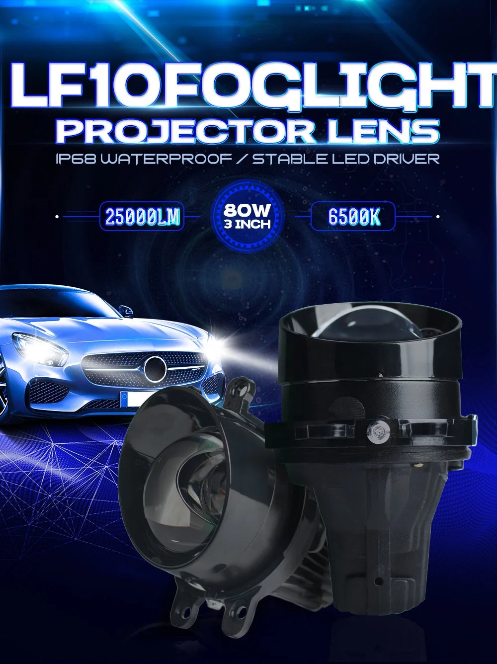 Xenplus Factory Wholesale 12V 80W 6500K 25000LM High Low Beam Fog Lamp Projector Universal 3.0 Inch Led Fog Projector Lens