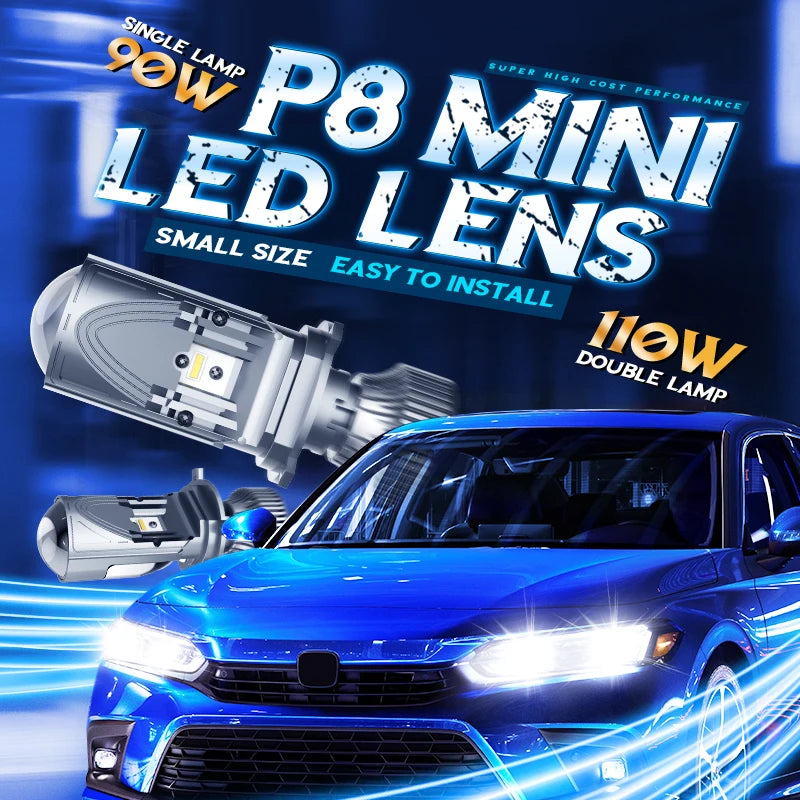 P8 110W 8-32V 10000LM 6000K Customized Chip Mini Small Size Easy To Install H4 Car Headlight Bi Led Projector Lens