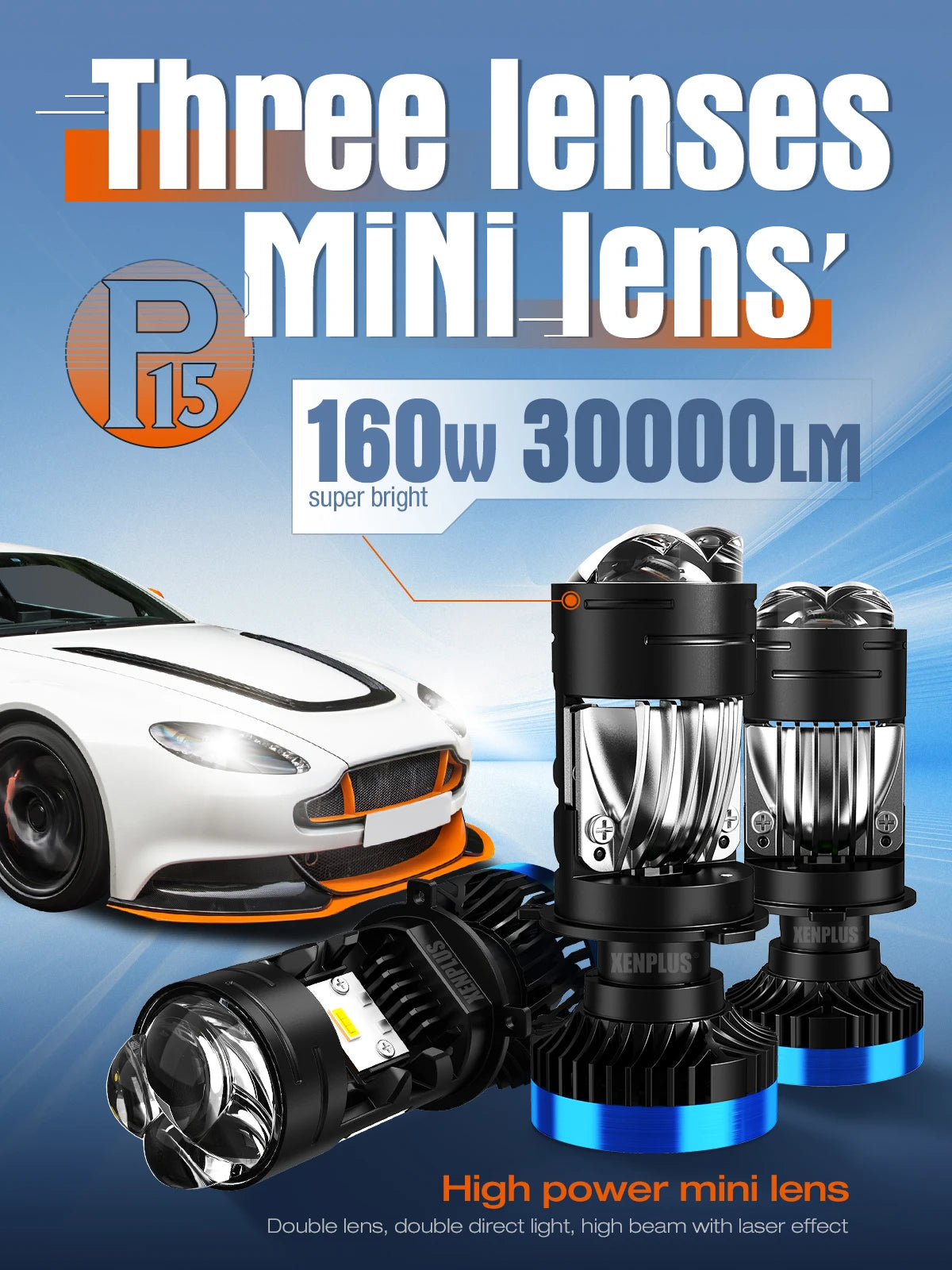 XENPLUS P15 160W 30000LM 6500K H4 Mini Bi LED Projector Lens High Low Beam 4 Groups Chips for Motorcycle Car Accessories