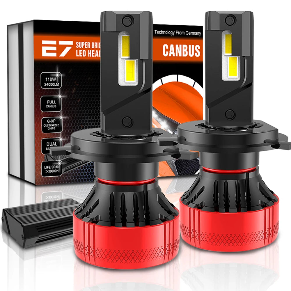 New Arrival High Power E7 H4 Dual G-XP Customized Chip Full Canbus DC9V-36V 110W 24000LM 6500K Car Led Headlight Bulbs AUXITO 9005/HB3 H11/H8/H9 LED Bulbs Combo, 50000LM Bright 6500K Cool White, 120W Fanless Light Bulbs, Pack of 4