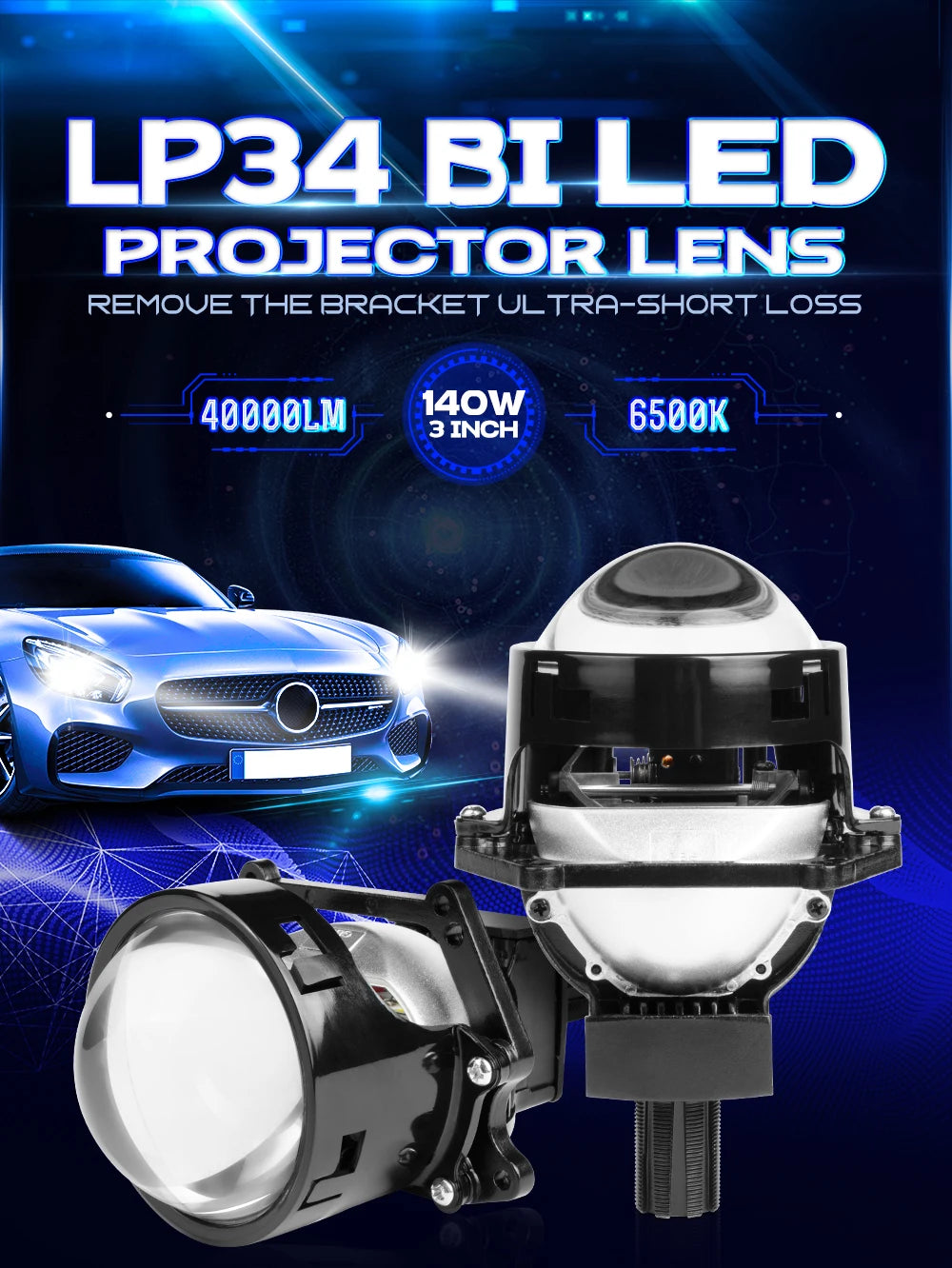 XENPLUS LP34 120W 140W 40000LM 6500K 3 Inch Non Destructive Dual Lamp Cup Bi LED Projector Lens Bi LED Projector