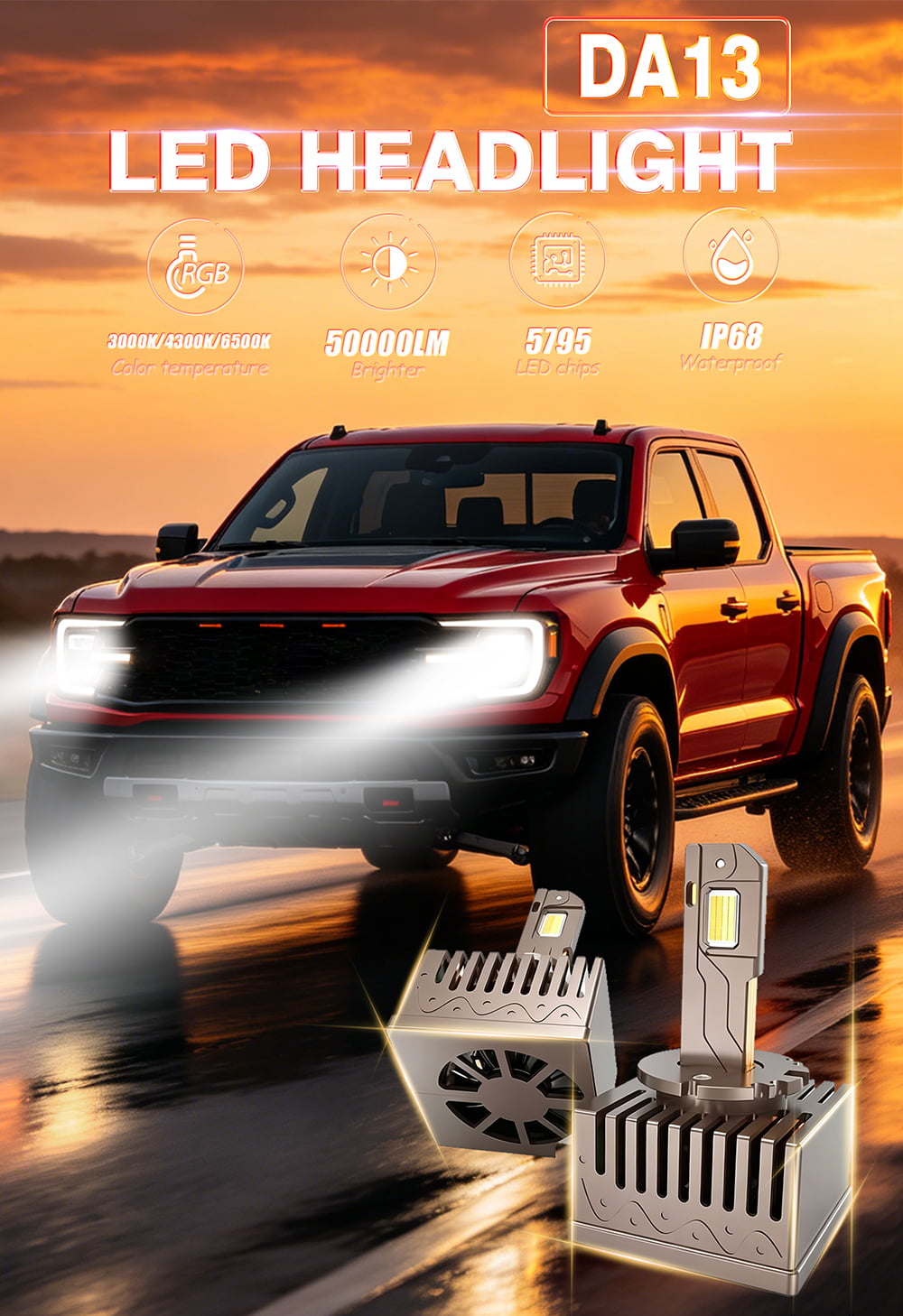 Xenplus DA13 Ultra Bright 3 Colors 50000LM 5795 Chips IP68 Built-in Driver All-in-One Design LED Headlight Bulb for 12V Car Front Lamp detail