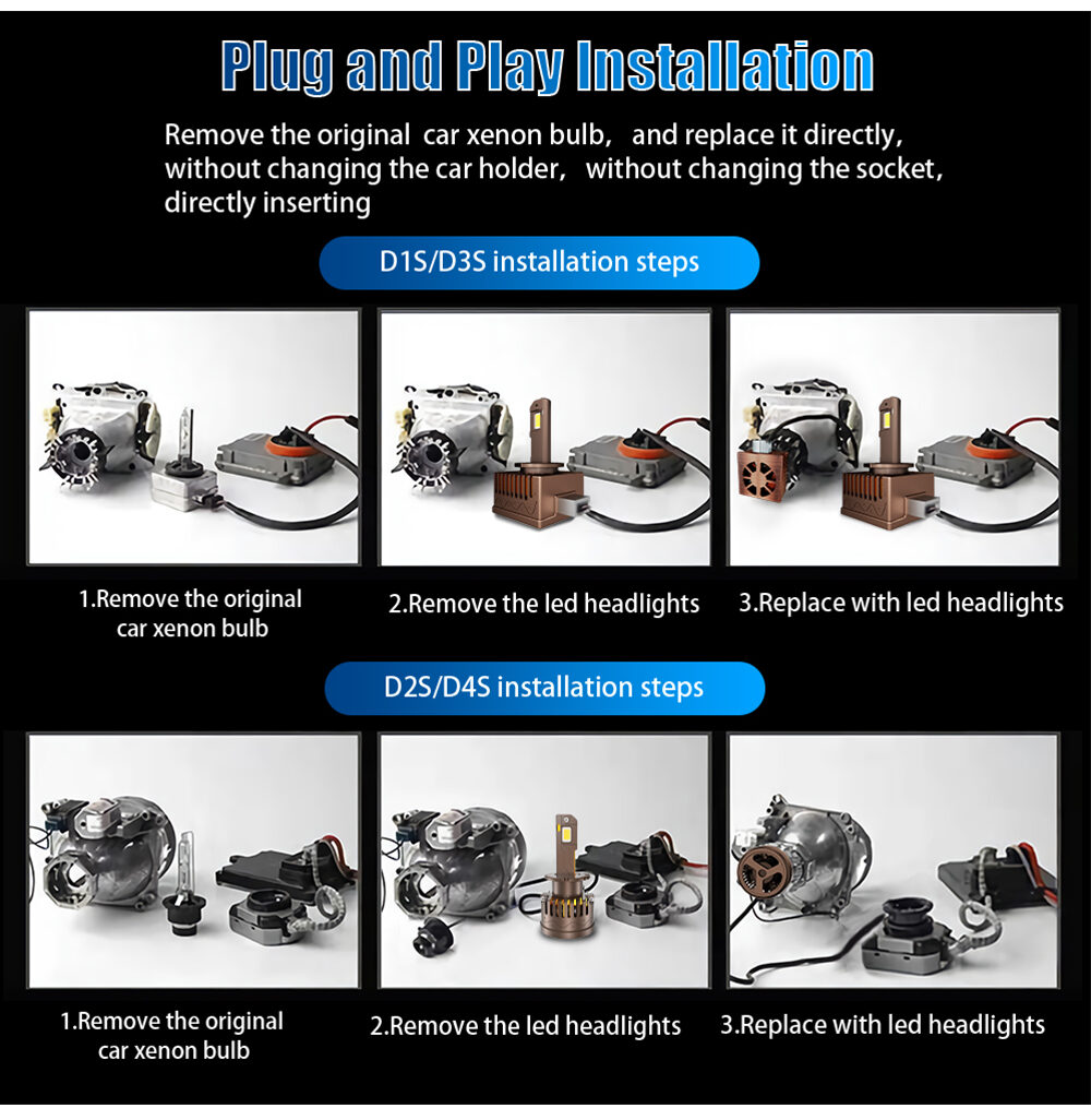 Xenplus DA13 Ultra Bright 3 Colors 50000LM 5795 Chips IP68 Built-in Driver All-in-One Design LED Headlight Bulb for 12V Car Front Lamp installation