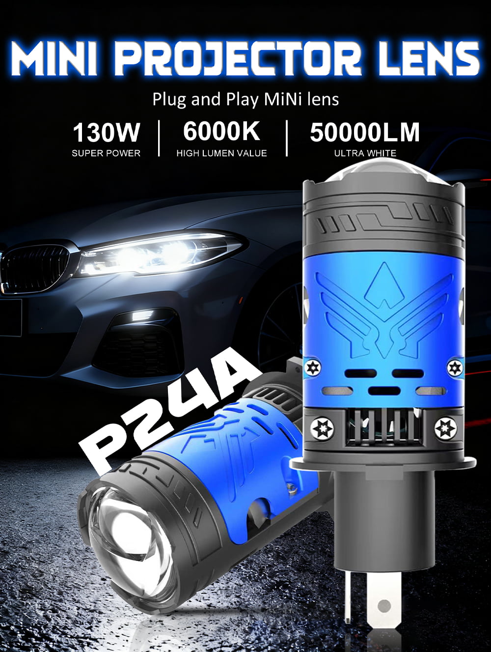 Xenplus P24A High Low Beam H4 Car Light Led Bulbs High Power 130W 6000K 50000LM Super Bright Projector Lens Led Headlights H4 detail