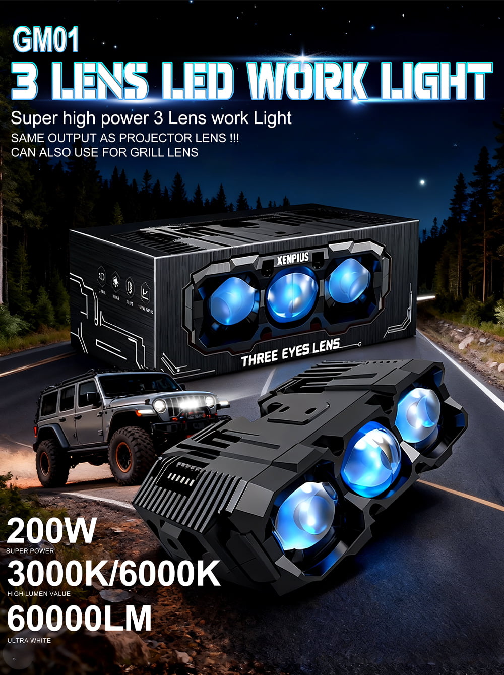 XENPLUS GM01 Offroad LED Work Light – 60000LM Ultra-Bright 3 Lens Design detail