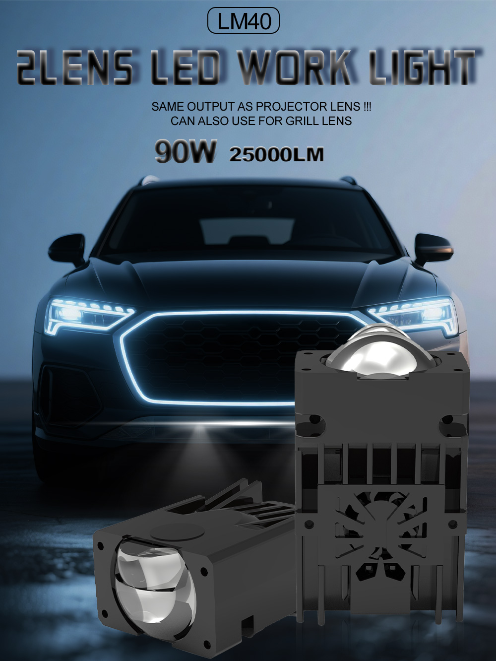 XENPLUS Projector Lens LED Work Light – 90W 25000LM Long Range Beam, IP67 detail
