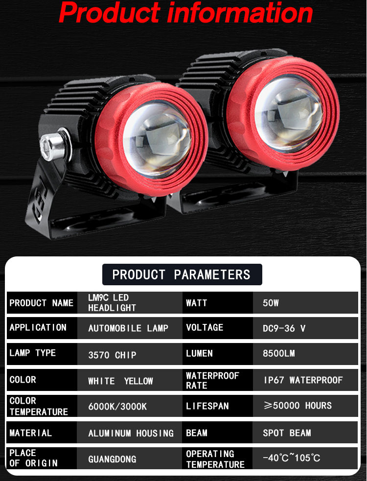 XENPLUS LM9C 50W LED Motorcycle Work Light 8500LM IP68 detail
