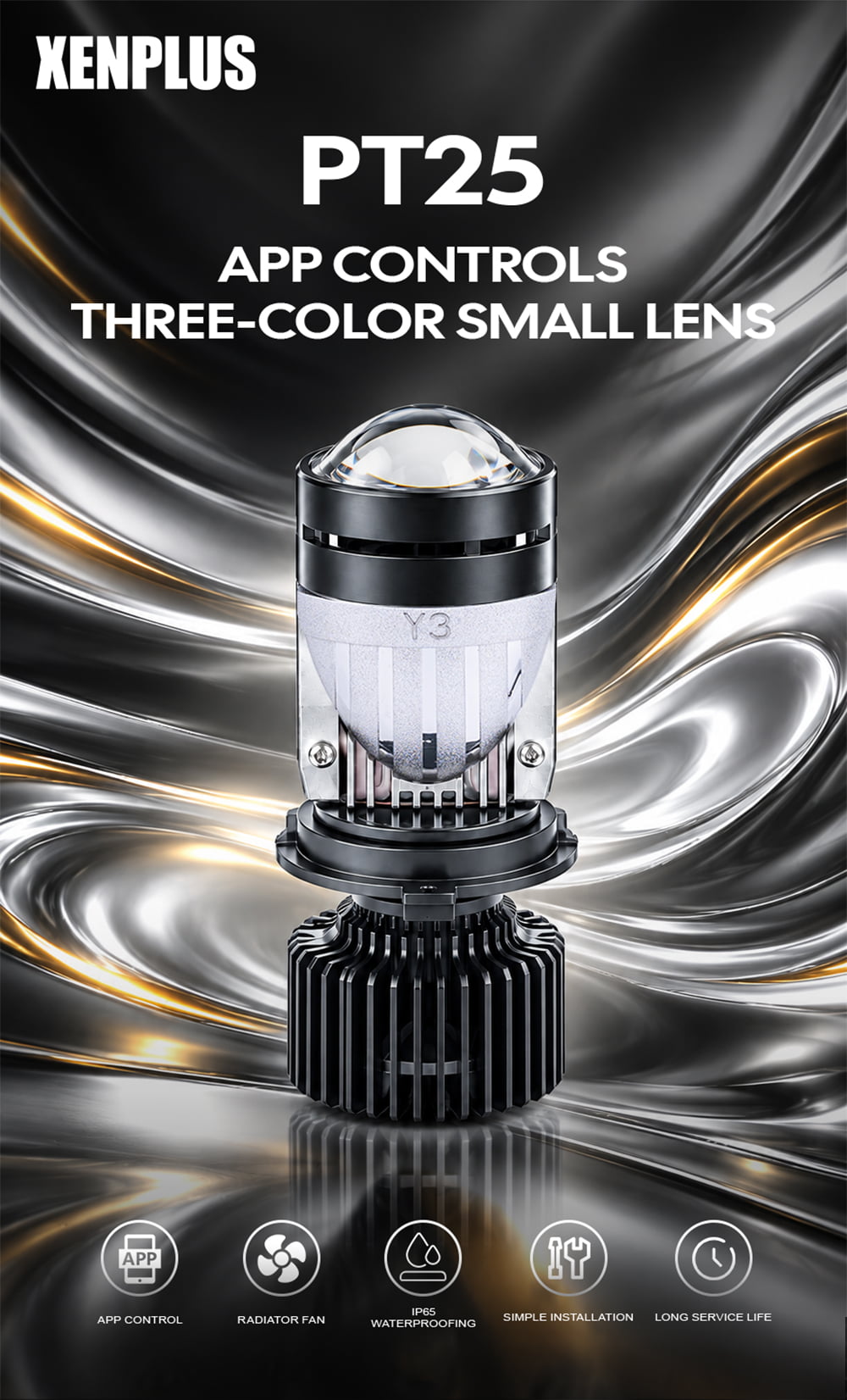 XENPLUS PT25 130W 30000W 3 Color H4 Mini Projector Lens – Bluetooth APP Control LED Headlight Bulb detail