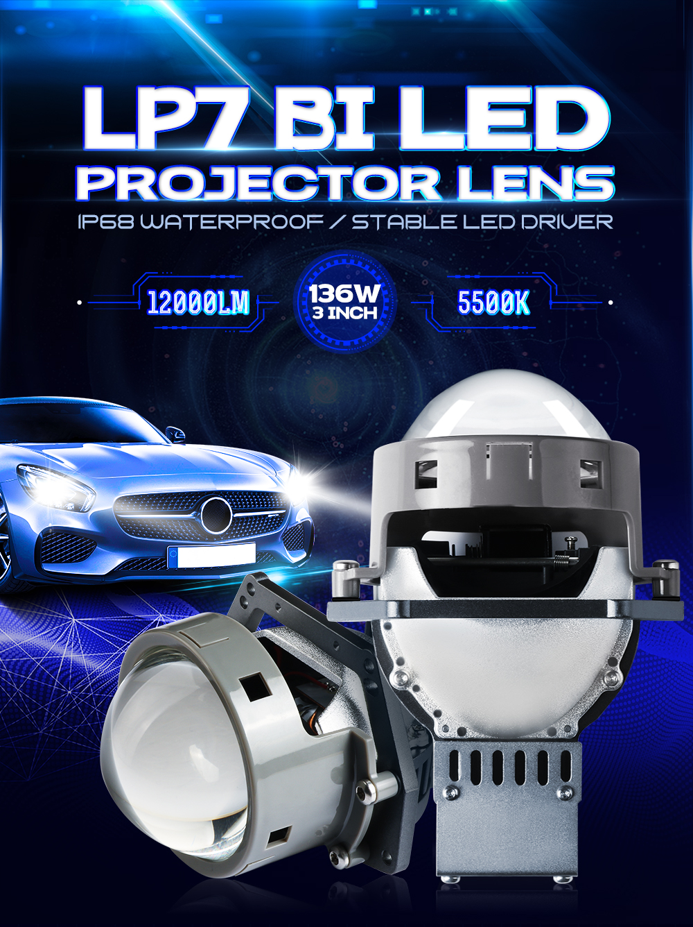 Xenplus LP7 136W Super Bright Bi-LED Headlight Lens detail